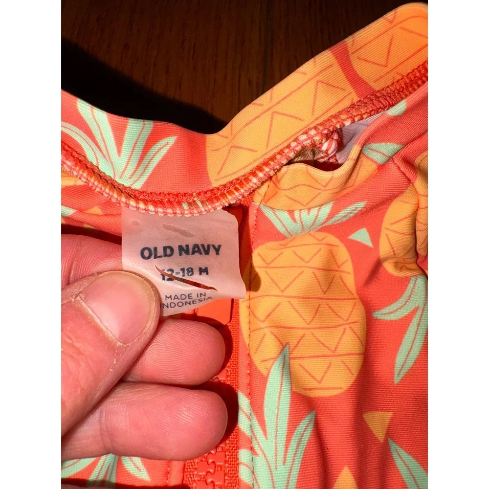 Old Navy Girls Pineapple Rash Guard Swimsuit Coral Pink Long Sleeve 12-18M